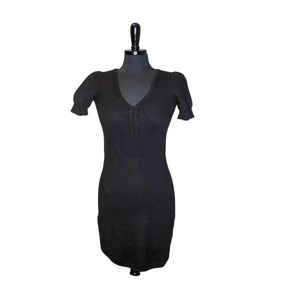 Talbots Petites Merino Wool Knit Dress Short Puff Sleeves Black Size S
